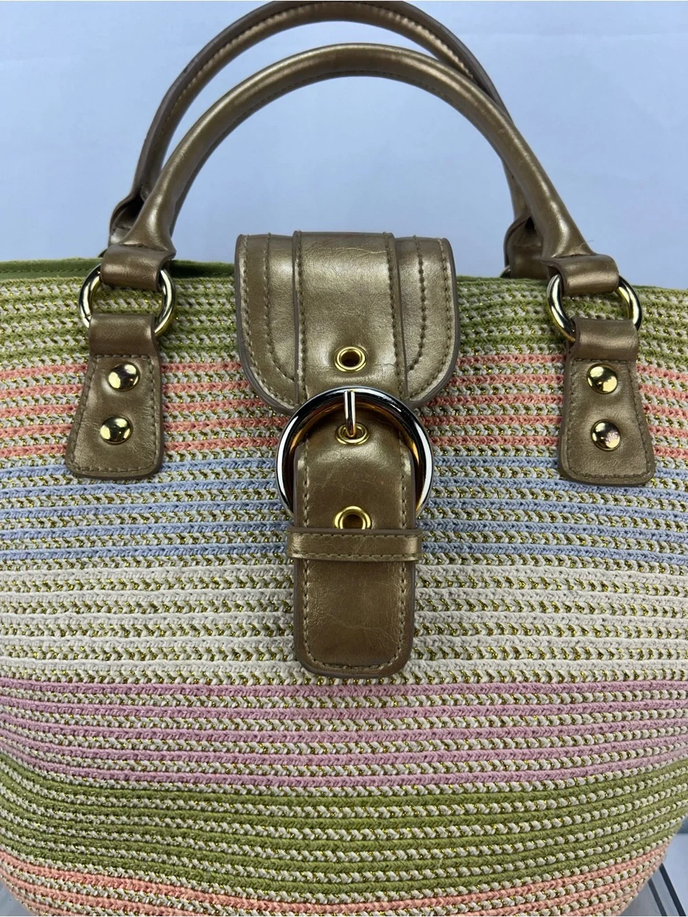 Amanda Smith Gold-Trim Pastel Striped Straw Satchel